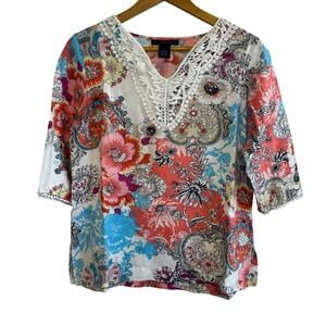 GRACE ELEMENTS Linen‎ Blend Tunic S Floral V-Neck Crochet Boho Artsy Resort